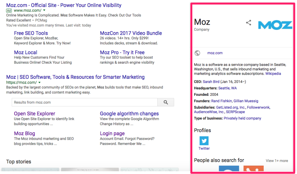 Google's knowledge graph box Moz result