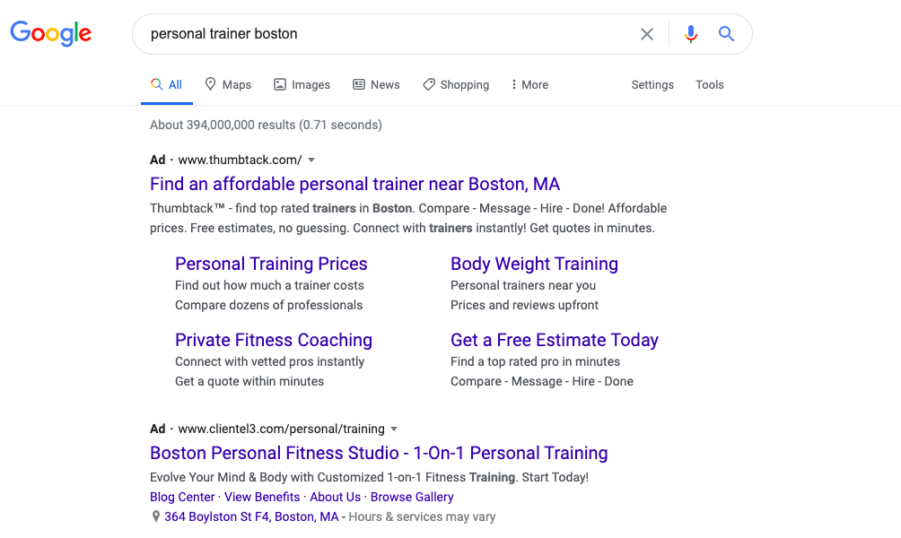 personal trainer boston google ads example